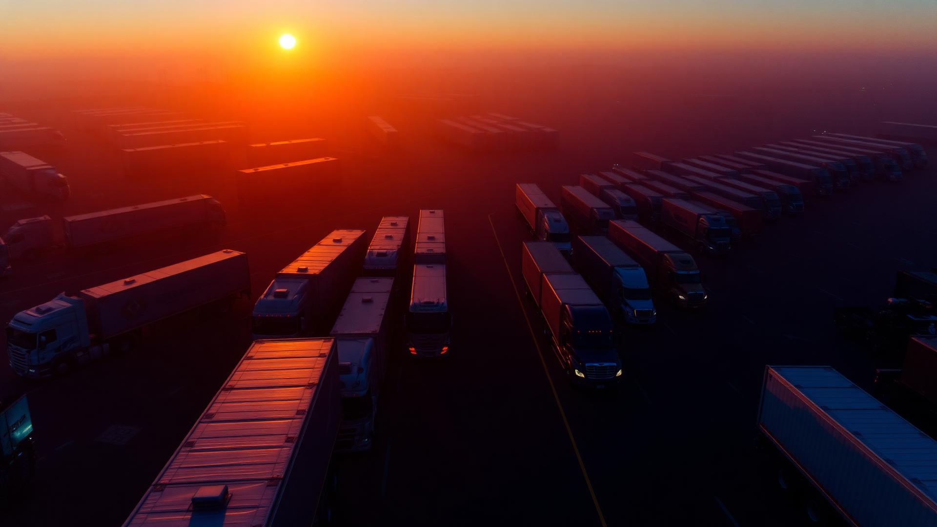 Fleet of trucks at a logistics hub at golden hour